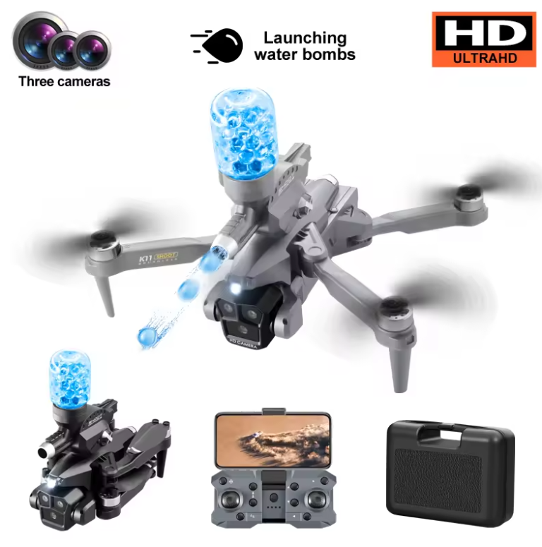 K11Max Remote Control Drone Camera with Triple Optical Flow Cameras & Water Bomb Launcher | 480p Wi-Fi Transmission Brushless Motor Drone for Beginners